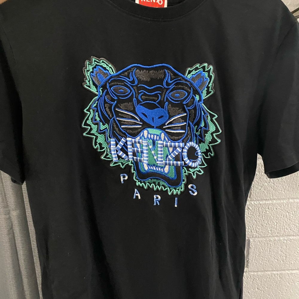 Kenzo Black Tee with Blue and Green Tiger Design